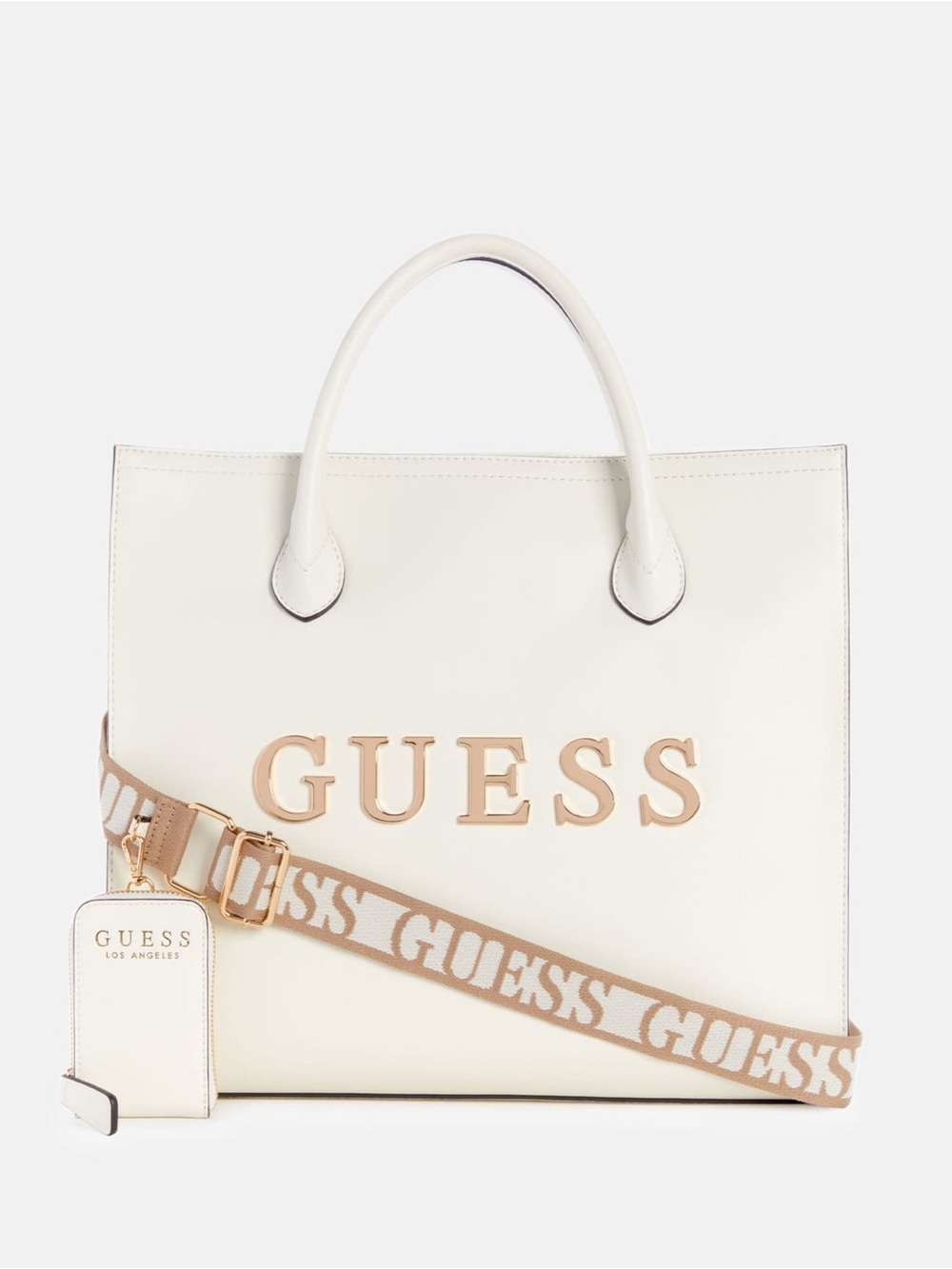 GUESS Caracara Cream Tote Bag with Beige Logo Strap